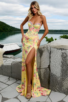 Load image into Gallery viewer, Sparkly Yellow Mermaid Floral Long Corset Prom Dress with Slit