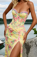 Load image into Gallery viewer, Sparkly Yellow Mermaid Floral Long Corset Prom Dress with Slit