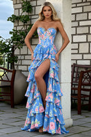 Load image into Gallery viewer, Sparkly Blue and Pink Floral Mermaid Long Corset Prom Dress with Ruffles
