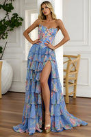 Load image into Gallery viewer, Blue and Pink Flower Ruffled Strapless Long Corset Prom Dress with Slit