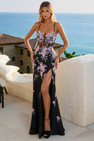 Load image into Gallery viewer, Black and Pink Mermaid Floral Long Corset Prom Dress with Slit