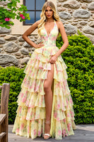 Load image into Gallery viewer, Yellow Flower Princess A Line Corset Long Prom Dress with Ruffles
