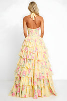 Load image into Gallery viewer, Yellow Flower Princess A Line Corset Long Prom Dress with Ruffles