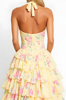 Load image into Gallery viewer, Yellow Flower Princess A Line Corset Long Prom Dress with Ruffles