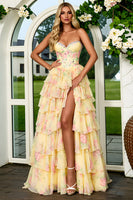Load image into Gallery viewer, Yellow Flower Corset Strapless Ruffled Long Prom Dress with Slit