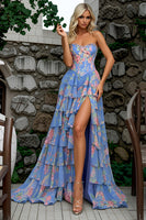 Load image into Gallery viewer, Sparkly Blue and Pink Flower Strapless Long Corset Prom Dress with Ruffles