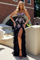Load image into Gallery viewer, Black and Pink Flower Mermaid Spaghetti Straps Long Prom Dress with Slit