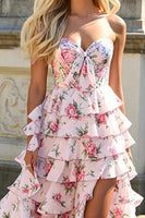 Load image into Gallery viewer, Pink Floral Princess Ruffled A Line Long Prom Dress with Slit