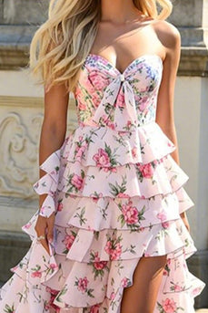 Pink Floral Princess Ruffled A Line Long Prom Dress with Slit