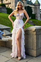 Load image into Gallery viewer, White and Pink Floral Mermaid Ruffled Long Corset Prom Dress with Slit