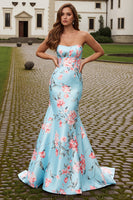 Load image into Gallery viewer, Blue Pink Floral Satin Strapless Mermaid Long Prom Dress