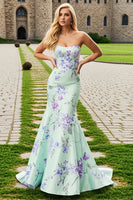 Load image into Gallery viewer, Blue Pink Floral Satin Strapless Mermaid Long Prom Dress