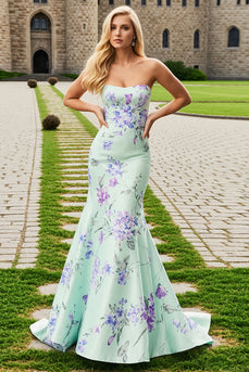 Blue Pink Floral Satin Strapless Mermaid Long Prom Dress