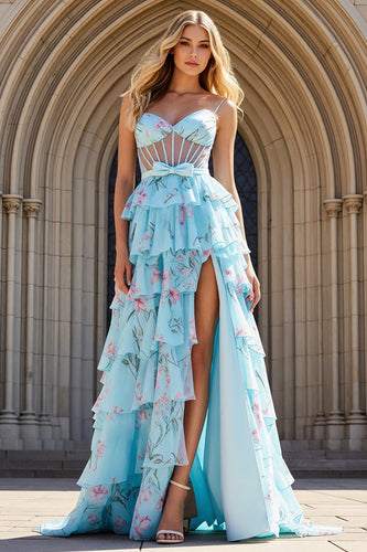 Blue Pink Floral Ruffled Corset Long Prom Dress with Slit
