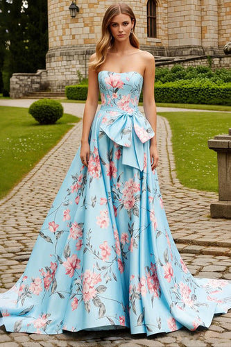 Blue Pink Floral Strapless Long Prom Dress with Bow