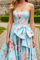 Load image into Gallery viewer, Blue Pink Floral Strapless Long Prom Dress with Bow