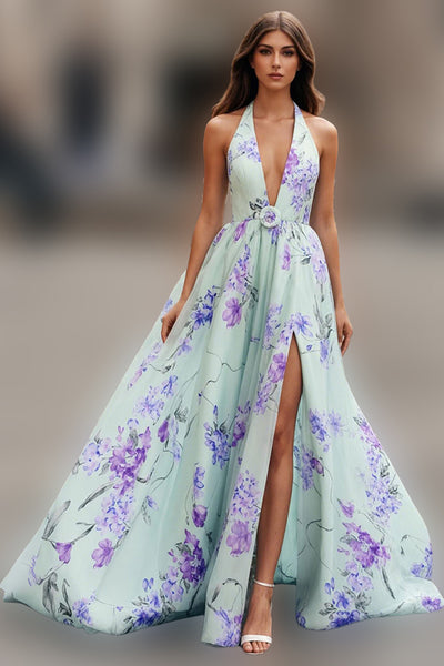 Green Purple Floral Halter Long Prom Dress with Slit