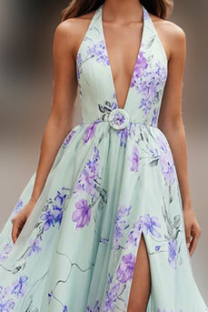 Green Purple Floral Halter Long Prom Dress with Slit
