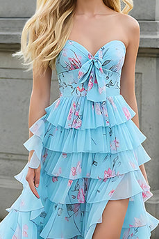 Blue Pink Floral Sweetheart Ruffled Long Prom Dress with Slit