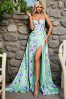 Load image into Gallery viewer, Green Purple Spaghetti Straps Floral Long Prom Dress with Slit