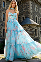 Load image into Gallery viewer, Blue Pink Floral A Line Corset Long Prom Dress
