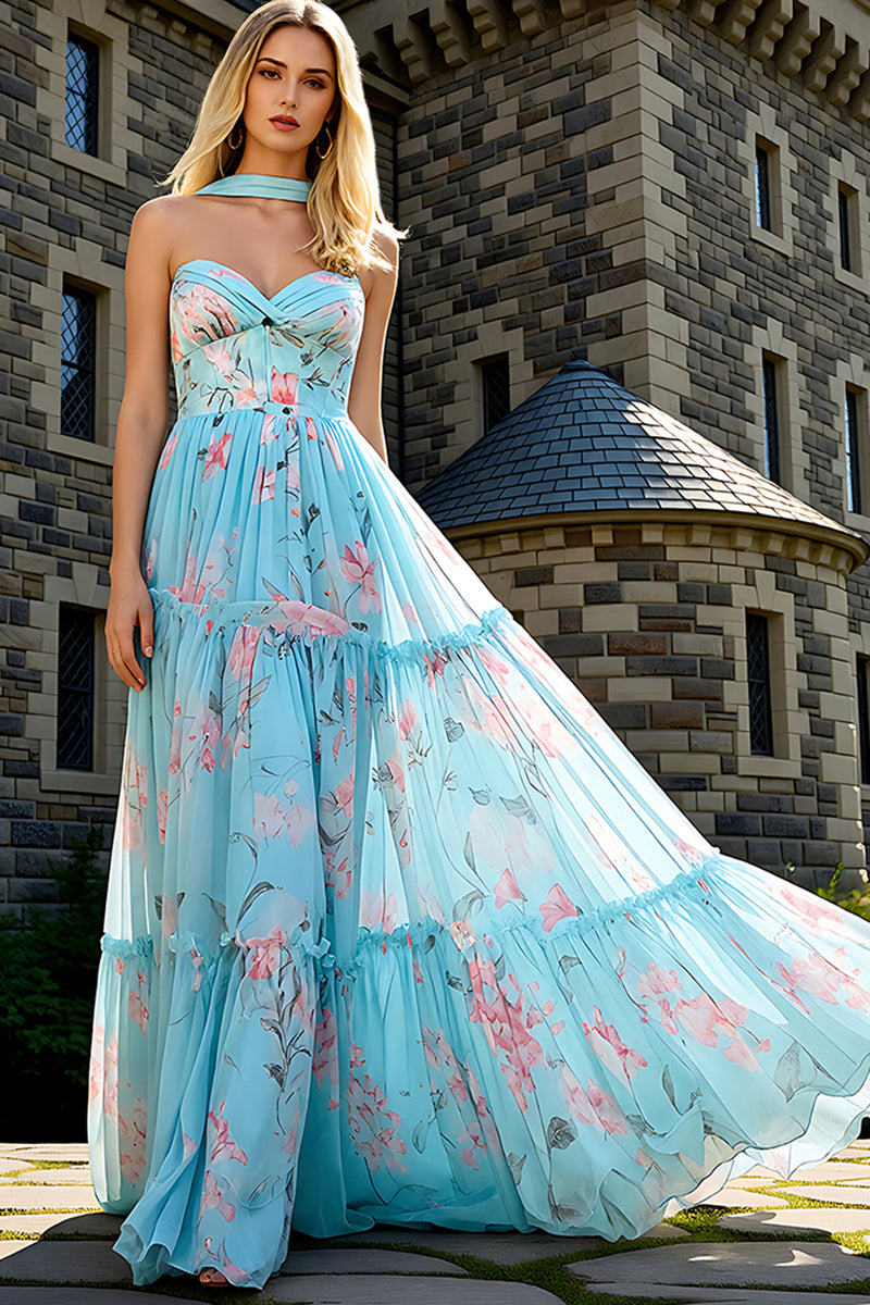 Load image into Gallery viewer, Blue Pink Floral A Line Corset Long Prom Dress