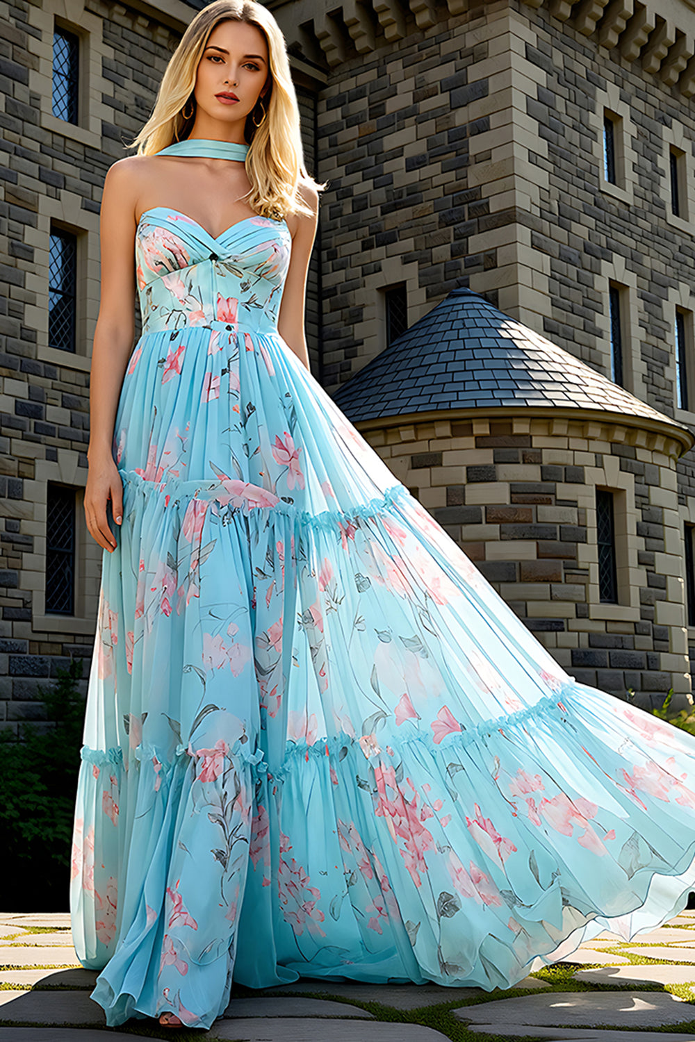 Blue Pink Floral A Line Corset Long Prom Dress