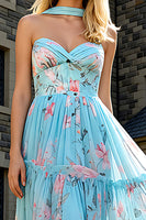 Load image into Gallery viewer, Blue Pink Floral A Line Corset Long Prom Dress
