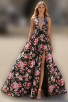 Load image into Gallery viewer, Black Pink Floral Halter A Line Long Prom Dress with Slit