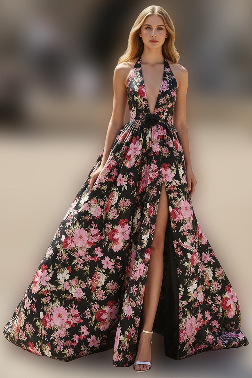 Black Pink Floral Halter A Line Long Prom Dress with Slit