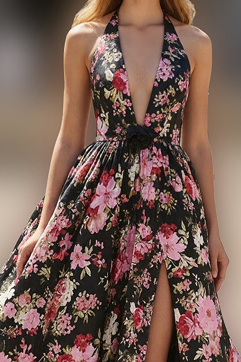 Load image into Gallery viewer, Black Pink Floral Halter A Line Long Prom Dress with Slit