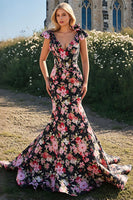 Load image into Gallery viewer, Black Pink Floral V Neck Mermaid Corset Long Prom Dress