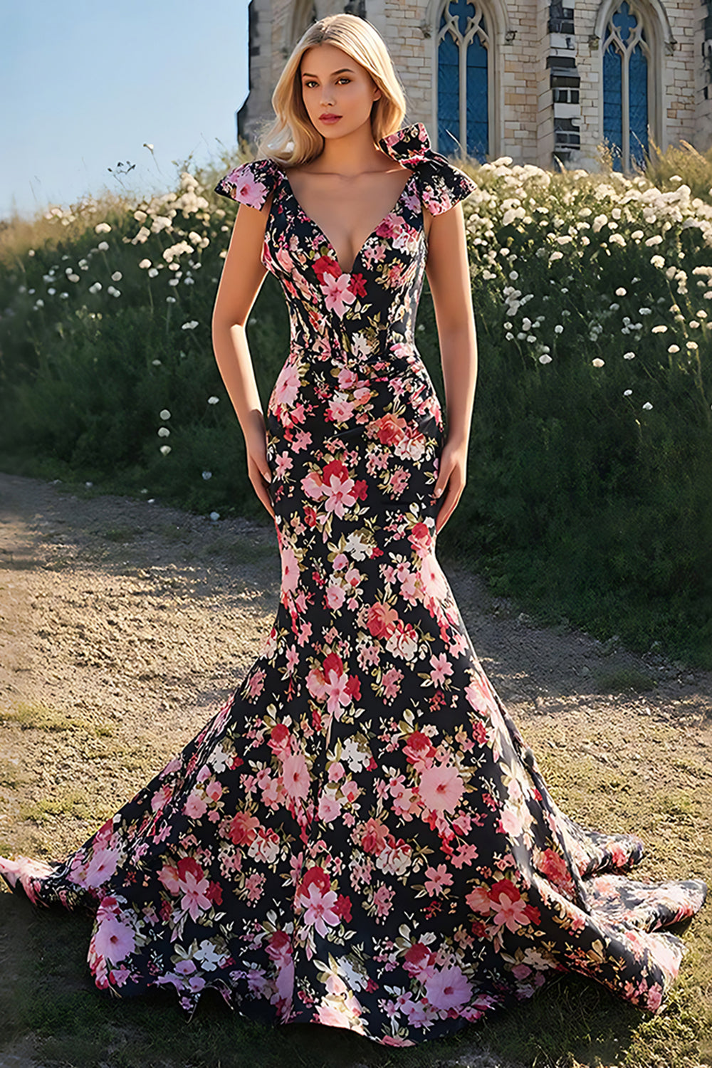 Black Pink Floral V Neck Mermaid Corset Long Prom Dress