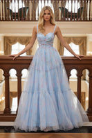 Load image into Gallery viewer, Blue Tulle Floral Spaghetti Straps Ruched A Line Long Prom Dress