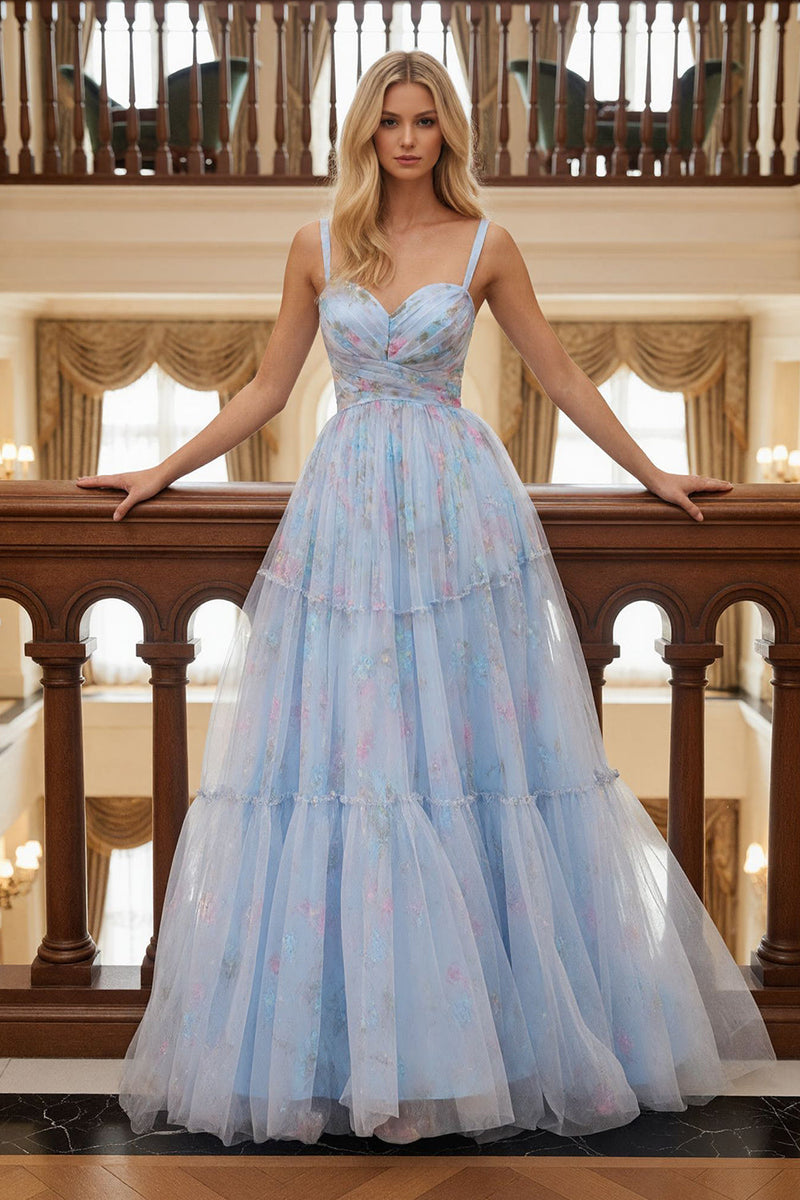 Load image into Gallery viewer, Blue Tulle Floral Spaghetti Straps Ruched A Line Long Prom Dress