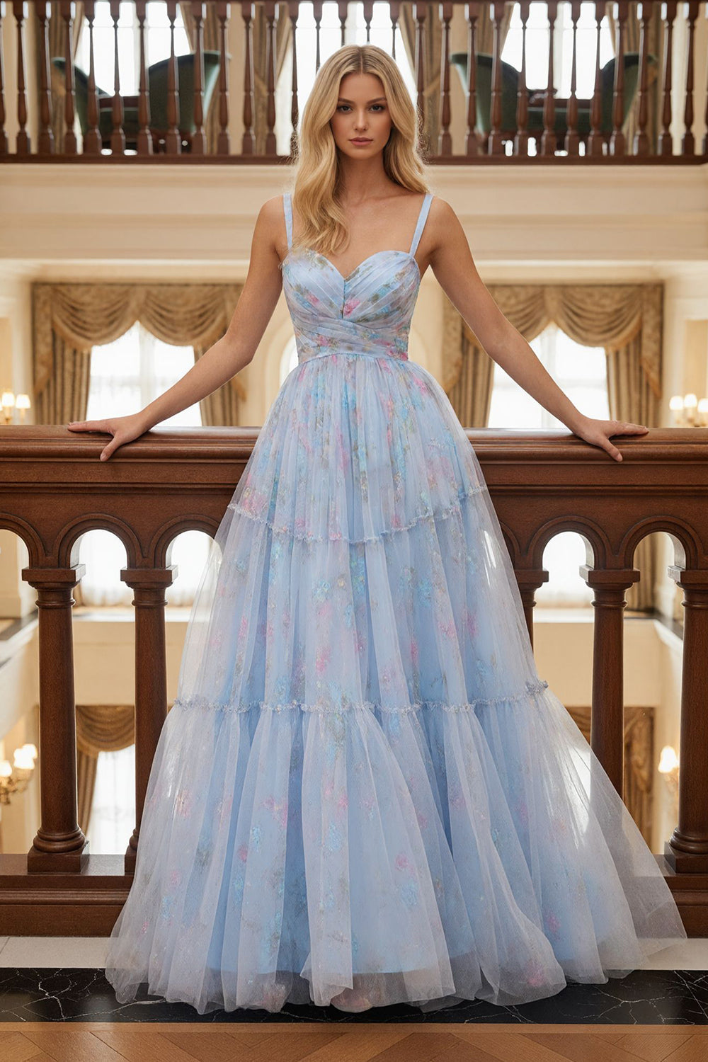 Blue Tulle Floral Spaghetti Straps Ruched A Line Long Prom Dress