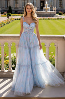 Load image into Gallery viewer, Blue Tulle Floral Spaghetti Straps Ruched A Line Long Prom Dress