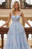 Load image into Gallery viewer, Blue Tulle Floral Spaghetti Straps Ruched A Line Long Prom Dress