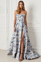 Load image into Gallery viewer, Blue Satin Floral A Line Strapless Long Prom Dress with Slit