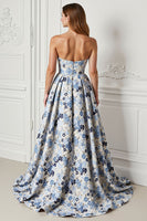 Load image into Gallery viewer, Blue Satin Floral A Line Strapless Long Prom Dress with Slit