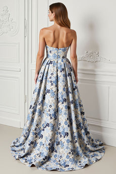 Blue Satin Floral A Line Strapless Long Prom Dress with Slit