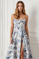 Load image into Gallery viewer, Blue Satin Floral A Line Strapless Long Prom Dress with Slit