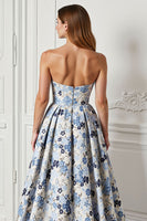Load image into Gallery viewer, Blue Satin Floral A Line Strapless Long Prom Dress with Slit