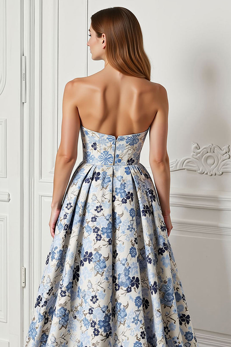 Load image into Gallery viewer, Blue Satin Floral A Line Strapless Long Prom Dress with Slit
