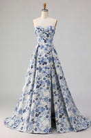 Load image into Gallery viewer, Blue Satin Floral A Line Strapless Long Prom Dress with Slit