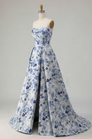 Load image into Gallery viewer, Blue Satin Floral A Line Strapless Long Prom Dress with Slit