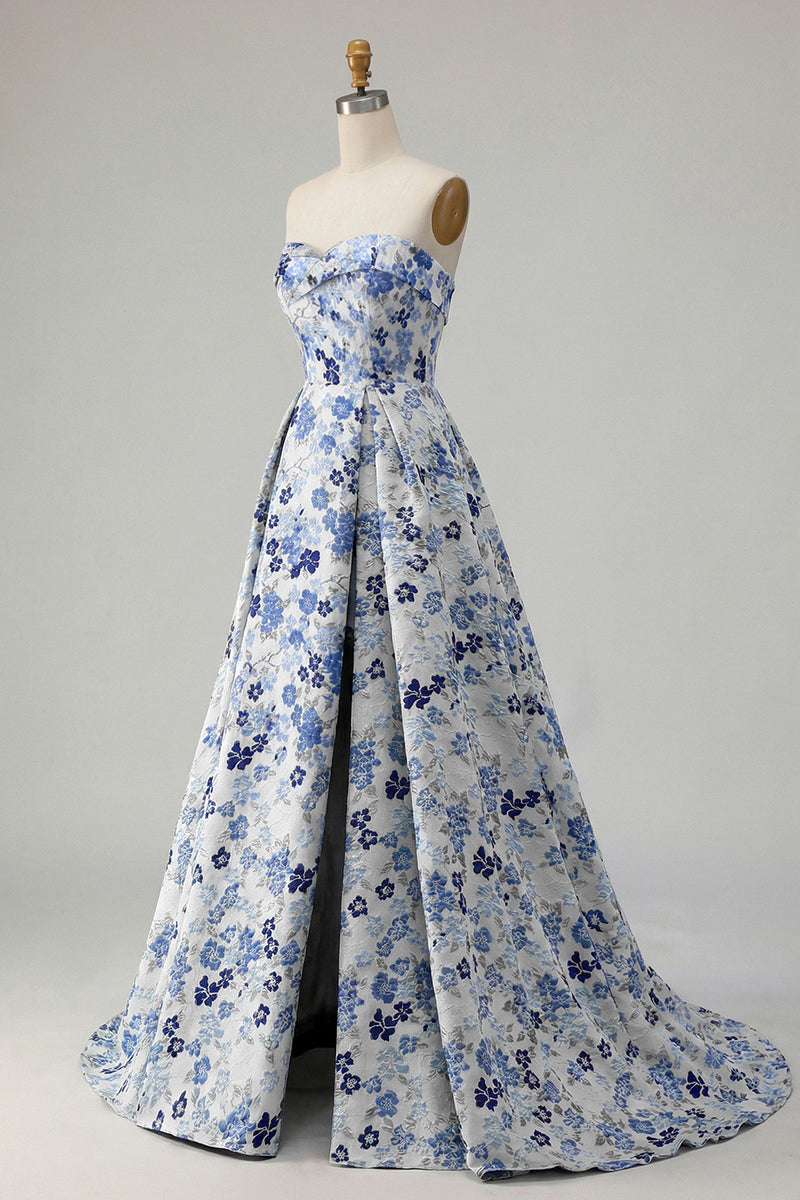 Load image into Gallery viewer, Blue Satin Floral A Line Strapless Long Prom Dress with Slit