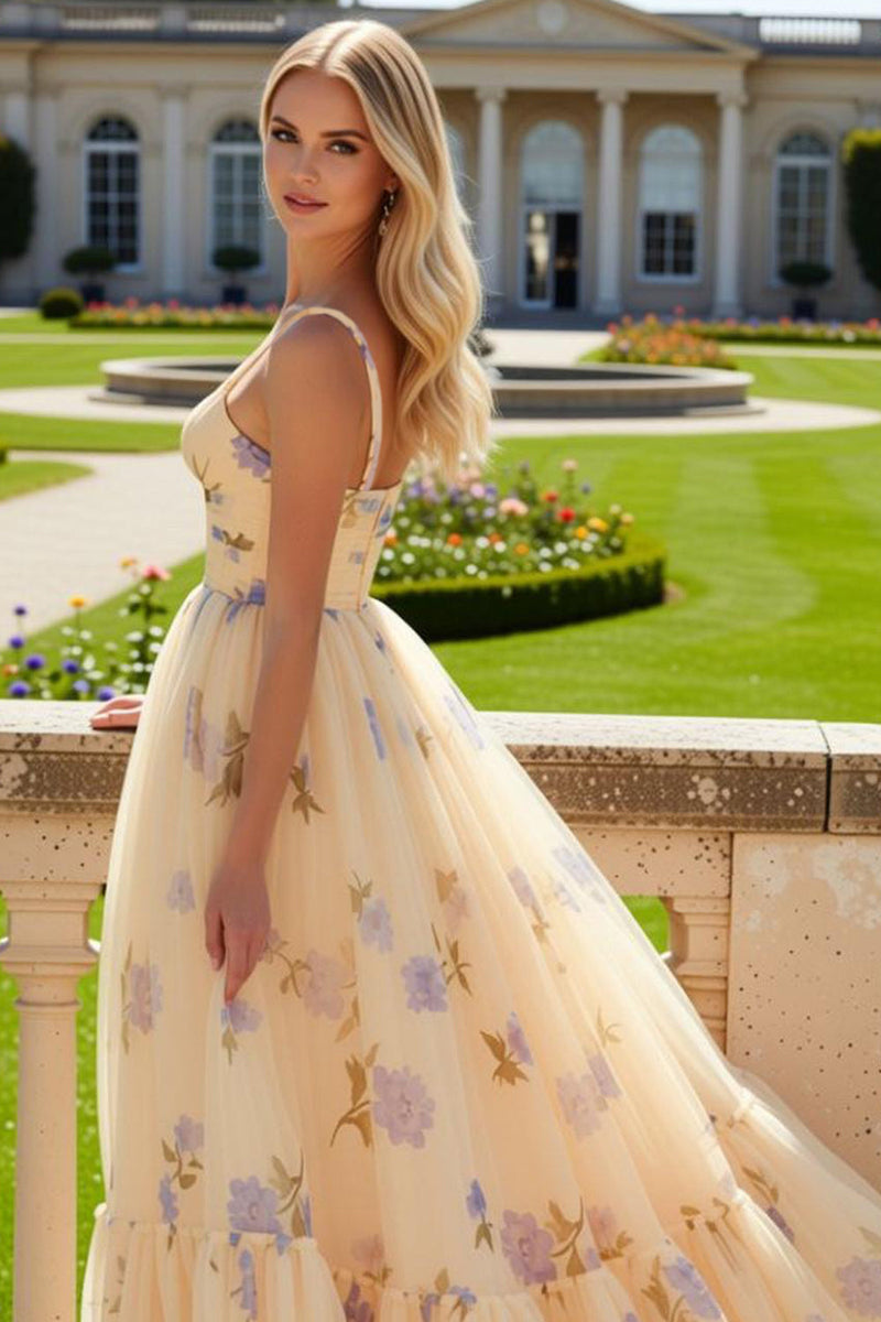 Load image into Gallery viewer, Yellow Floral Spaghetti Straps A-Line Long Prom Dress with Ruffles