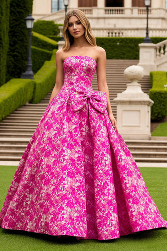 Fuchsia Floral Strapless Princess Long Prom Dress with Bow