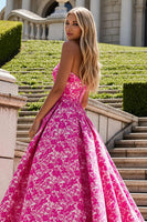 Load image into Gallery viewer, Fuchsia Floral Strapless Princess Long Prom Dress with Bow